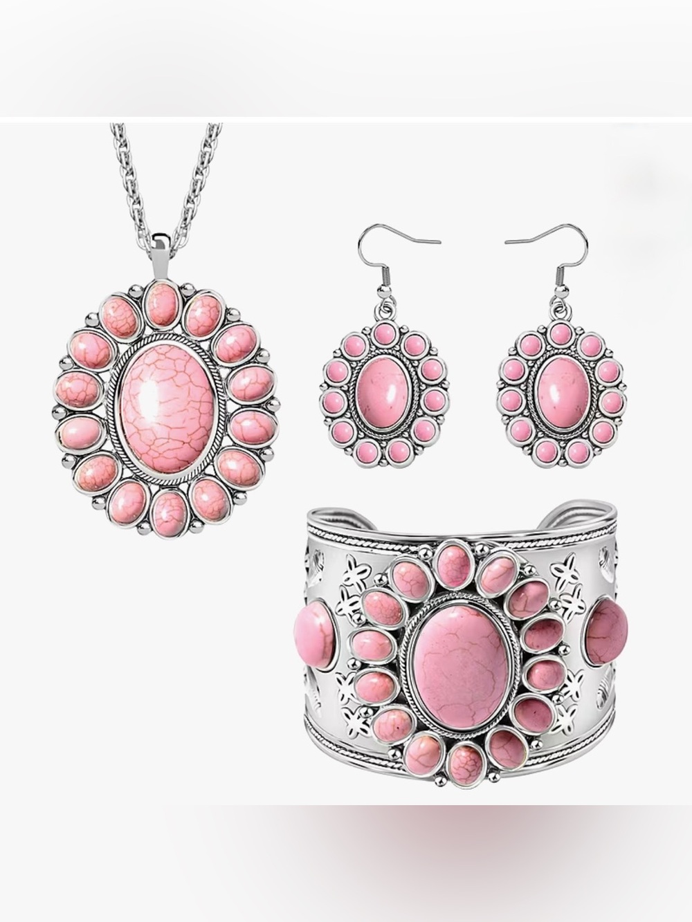 Constituted Pink Howlite ,Floral Cuff BraceletEarrings and Pendant Necklace nwot